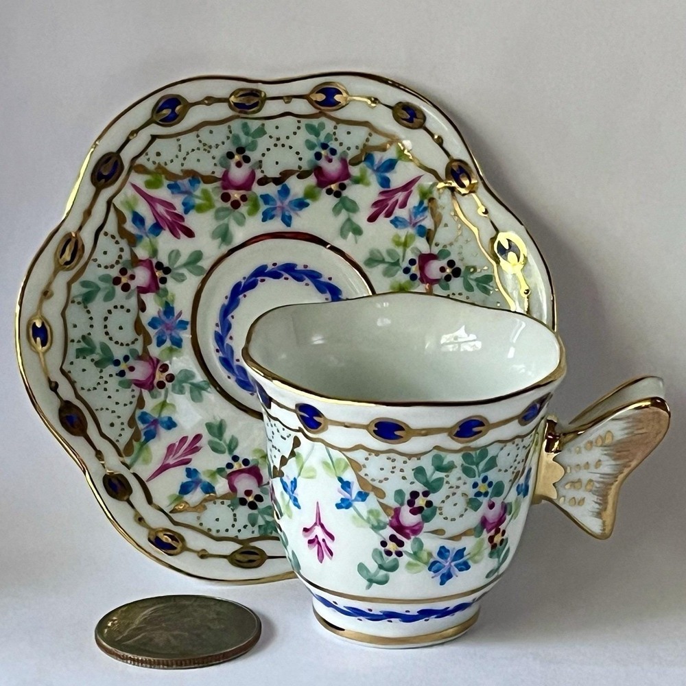 Past Times Miniature Cup & Saucer with Butterfly Handle Vintage Mini Porcelain